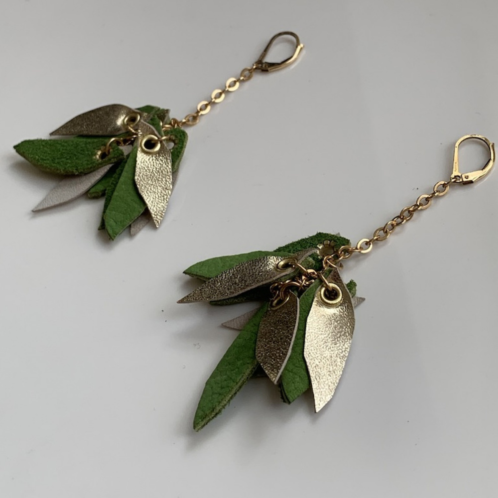 Suede and Leather Cluster 14Kt gold chain earrings